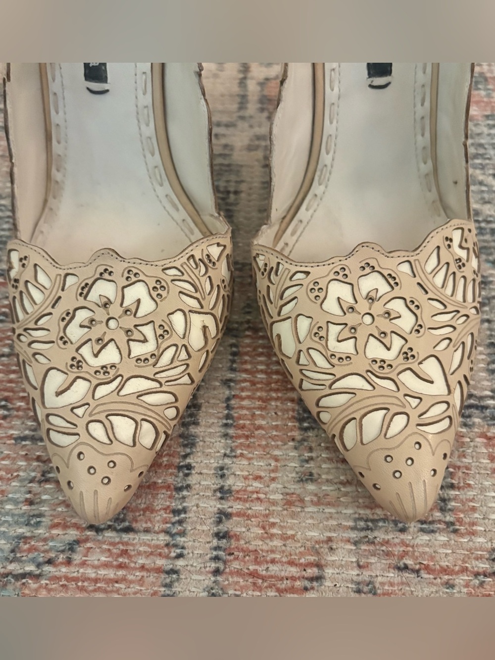 Alice + Olivia Cream and Tan Laser-Cut Stiletto Pumps - Picture 2 of 5